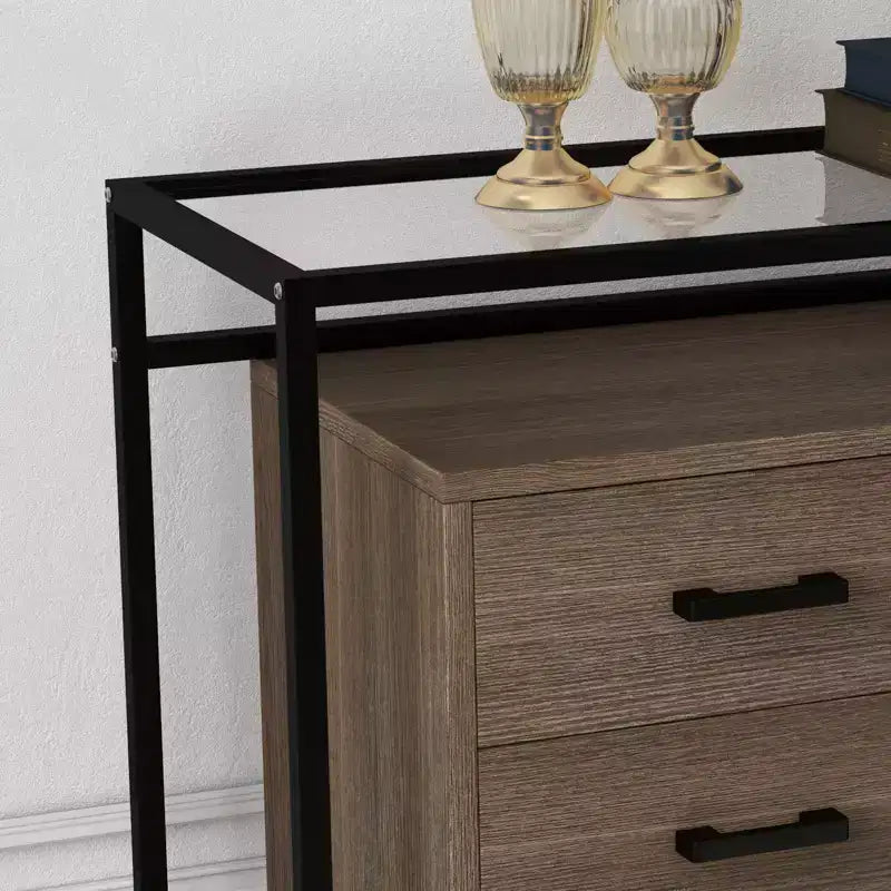 Mobile contenitore, sei cassetti, vetro temperato e base in legno, robusto telaio in acciaio e cassetti spaziosi, adatto per soggiorno, ingresso, camera da letto.