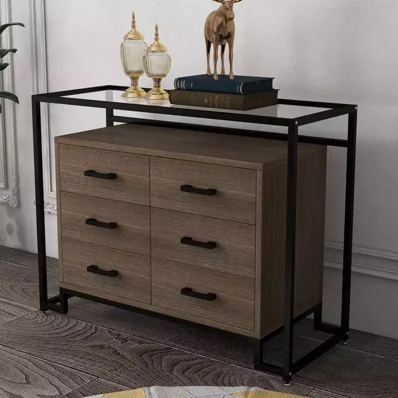 Mobile contenitore, sei cassetti, vetro temperato e base in legno, robusto telaio in acciaio e cassetti spaziosi, adatto per soggiorno, ingresso, camera da letto.