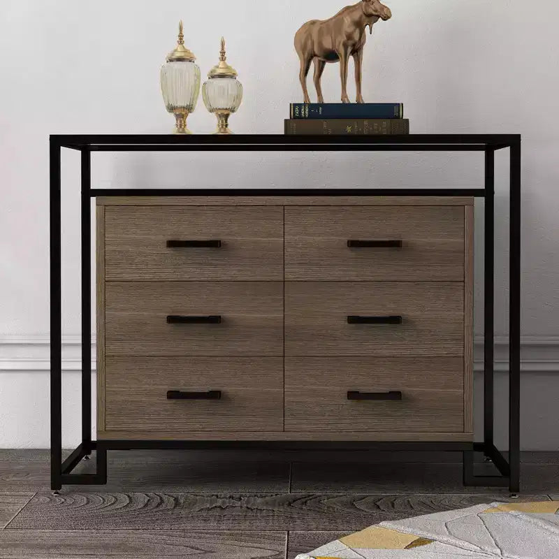 Mobile contenitore, sei cassetti, vetro temperato e base in legno, robusto telaio in acciaio e cassetti spaziosi, adatto per soggiorno, ingresso, camera da letto.