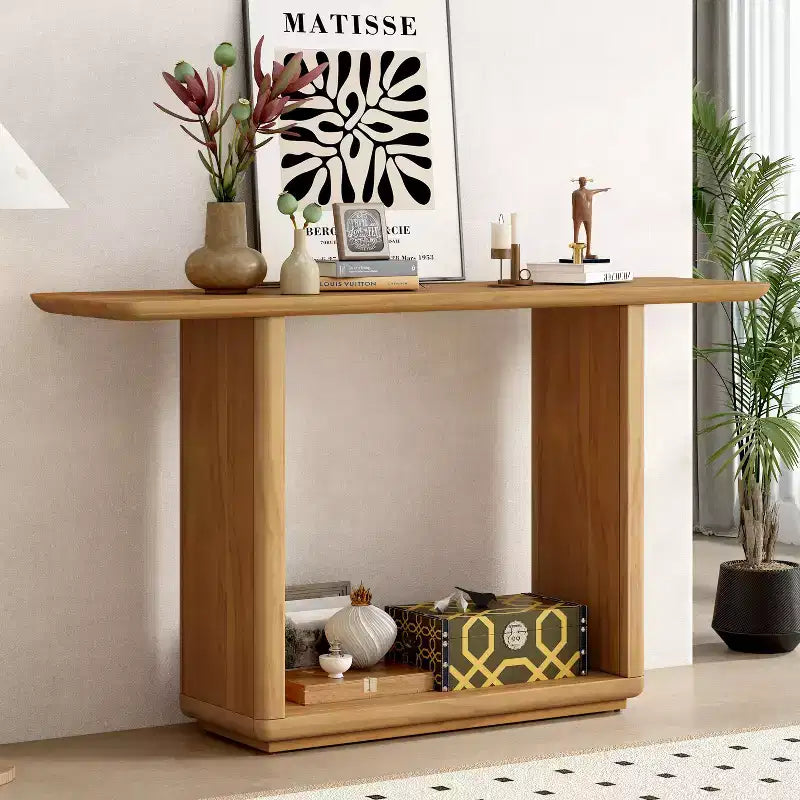 Consolle Okak in Legno Naturale con Base a U, Tavolo da Ingresso ad Angoli Curvi per Soggiorno, Corridoio
