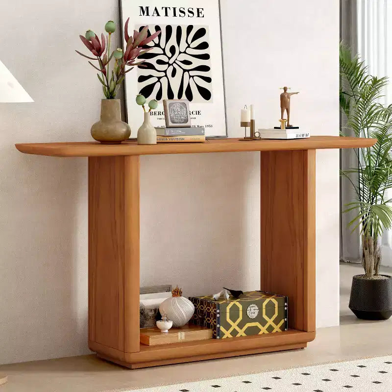 Consolle Okak in Legno Naturale con Base a U, Tavolo da Ingresso ad Angoli Curvi per Soggiorno, Corridoio