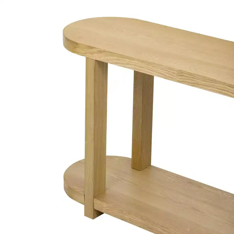 Tavolo consolle ovale Okak a 2 ripiani minimalista in impiallacciatura di frassino con piano affusolato, tavolo da ingresso moderno per studio, corridoio, soggiorno