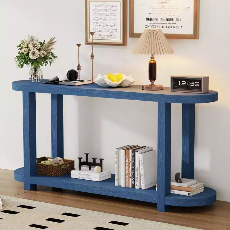Tavolo consolle ovale Okak a 2 ripiani minimalista in impiallacciatura di frassino con piano affusolato, tavolo da ingresso moderno per studio, corridoio, soggiorno
