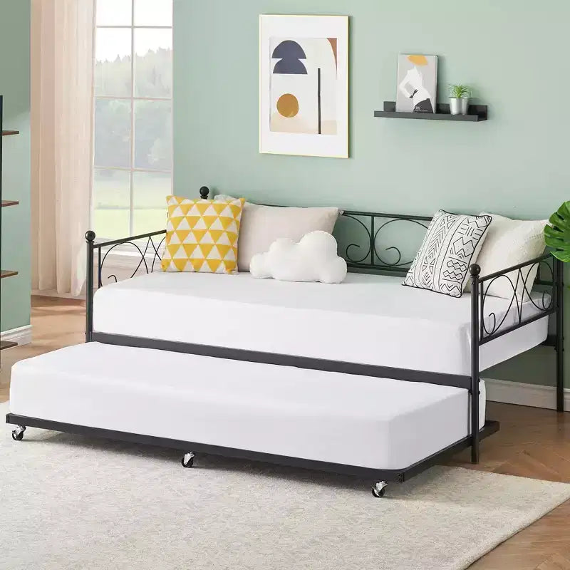 GustoWave Divano Letto con Letto Estraibile, Lettino in Metallo Matrimoniale con Testiera Floreale, Letto Multifunzionale, per Camera da Letto, Soggiorno, Camera degli Ospiti