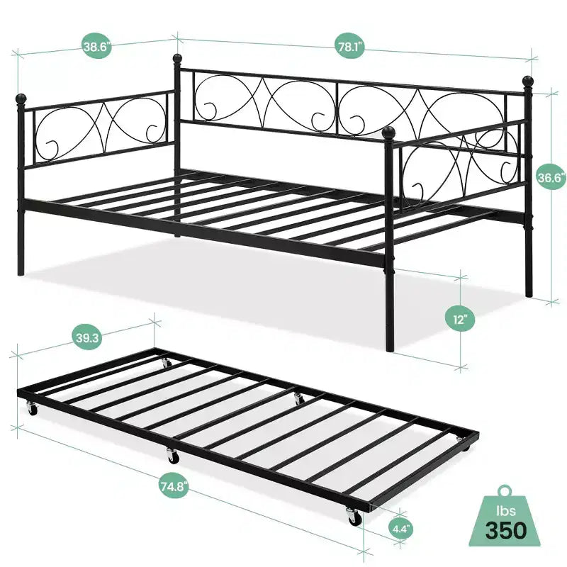 GustoWave Divano Letto con Letto Estraibile, Lettino in Metallo Matrimoniale con Testiera Floreale, Letto Multifunzionale, per Camera da Letto, Soggiorno, Camera degli Ospiti