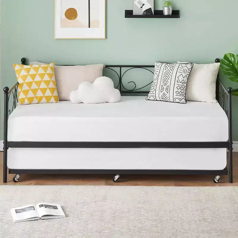 GustoWave Divano Letto con Letto Estraibile, Lettino in Metallo Matrimoniale con Testiera Floreale, Letto Multifunzionale, per Camera da Letto, Soggiorno, Camera degli Ospiti