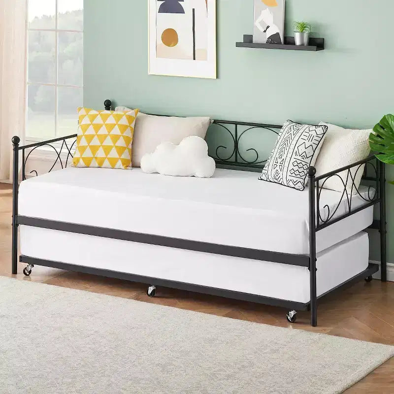 GustoWave Divano Letto con Letto Estraibile, Lettino in Metallo Matrimoniale con Testiera Floreale, Letto Multifunzionale, per Camera da Letto, Soggiorno, Camera degli Ospiti