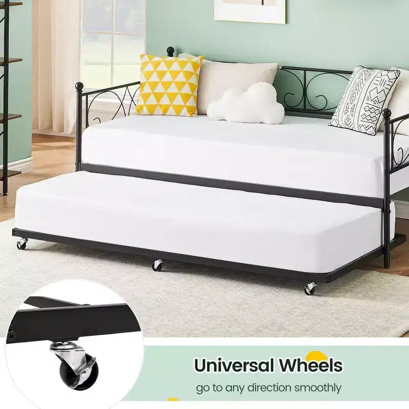 GustoWave Divano Letto con Letto Estraibile, Lettino in Metallo Matrimoniale con Testiera Floreale, Letto Multifunzionale, per Camera da Letto, Soggiorno, Camera degli Ospiti