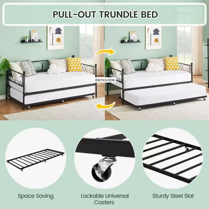 GustoWave Divano Letto con Letto Estraibile, Lettino in Metallo Matrimoniale con Testiera Floreale, Letto Multifunzionale, per Camera da Letto, Soggiorno, Camera degli Ospiti