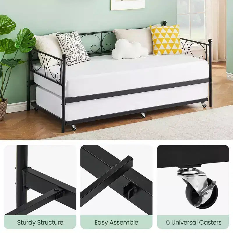 GustoWave Divano Letto con Letto Estraibile, Lettino in Metallo Matrimoniale con Testiera Floreale, Letto Multifunzionale, per Camera da Letto, Soggiorno, Camera degli Ospiti