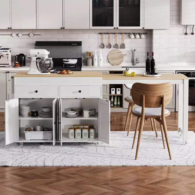 Isola da Cucina Okak con Tavolo Estensibile, Isola da Cucina su Ruote con Portaspezie, 2 Cassetti e 4 Ante, Carrello da Cucina per Sala da Pranzo