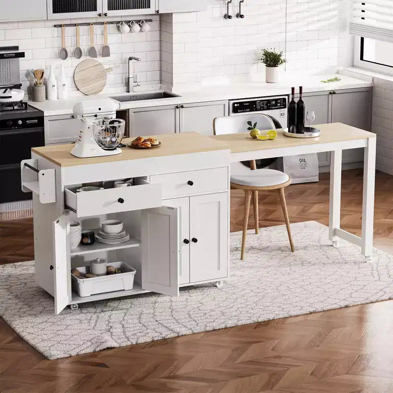 Isola da Cucina Okak con Tavolo Estensibile, Isola da Cucina su Ruote con Portaspezie, 2 Cassetti e 4 Ante, Carrello da Cucina per Sala da Pranzo
