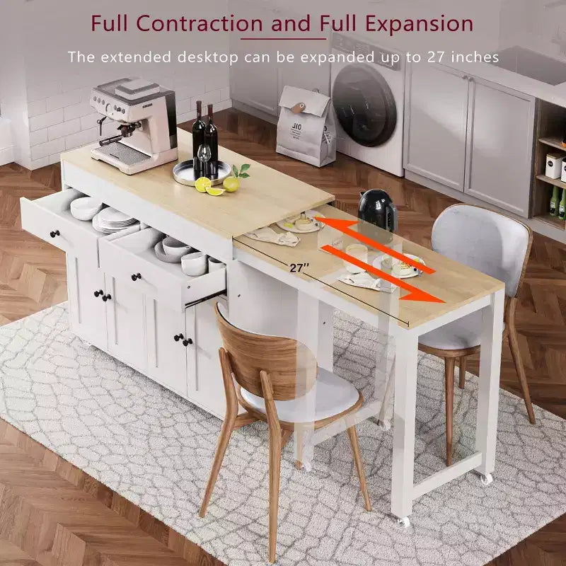 Isola da Cucina Okak con Tavolo Estensibile, Isola da Cucina su Ruote con Portaspezie, 2 Cassetti e 4 Ante, Carrello da Cucina per Sala da Pranzo