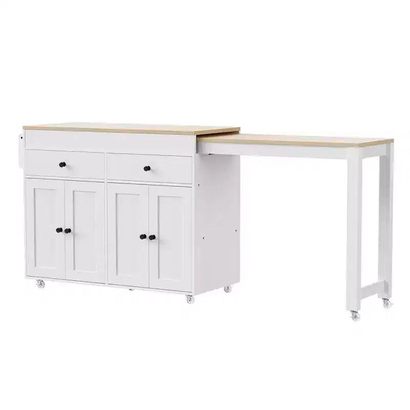 Isola da Cucina Okak con Tavolo Estensibile, Isola da Cucina su Ruote con Portaspezie, 2 Cassetti e 4 Ante, Carrello da Cucina per Sala da Pranzo