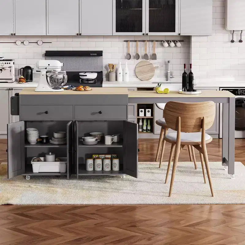 Isola da Cucina Okak con Tavolo Estensibile, Isola da Cucina su Ruote con Portaspezie, 2 Cassetti e 4 Ante, Carrello da Cucina per Sala da Pranzo