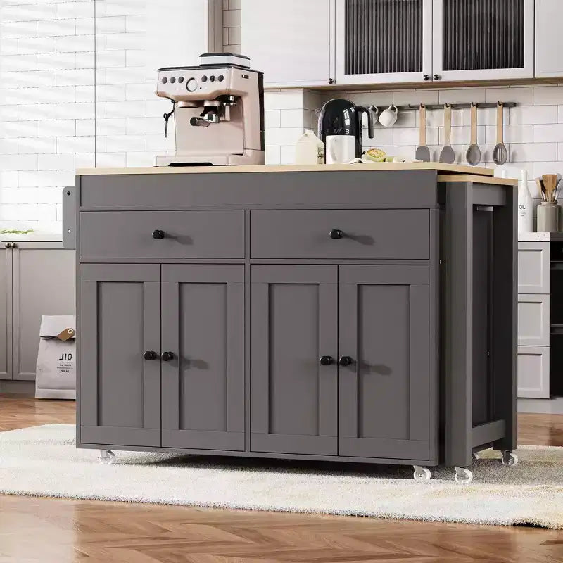 Isola da Cucina Okak con Tavolo Estensibile, Isola da Cucina su Ruote con Portaspezie, 2 Cassetti e 4 Ante, Carrello da Cucina per Sala da Pranzo