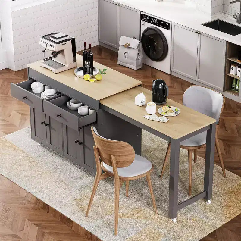 Isola da Cucina Okak con Tavolo Estensibile, Isola da Cucina su Ruote con Portaspezie, 2 Cassetti e 4 Ante, Carrello da Cucina per Sala da Pranzo