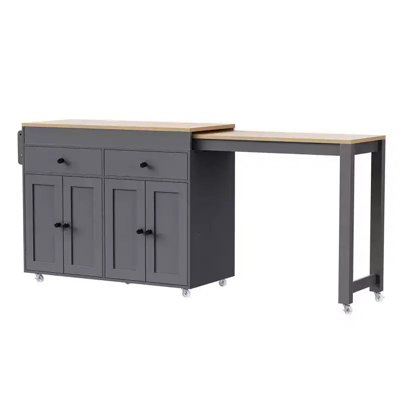 Isola da Cucina Okak con Tavolo Estensibile, Isola da Cucina su Ruote con Portaspezie, 2 Cassetti e 4 Ante, Carrello da Cucina per Sala da Pranzo