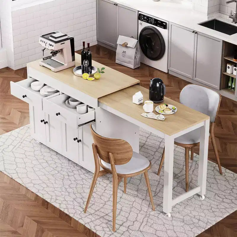 Isola da Cucina Okak con Tavolo Estensibile, Isola da Cucina su Ruote con Portaspezie, 2 Cassetti e 4 Ante, Carrello da Cucina per Sala da Pranzo