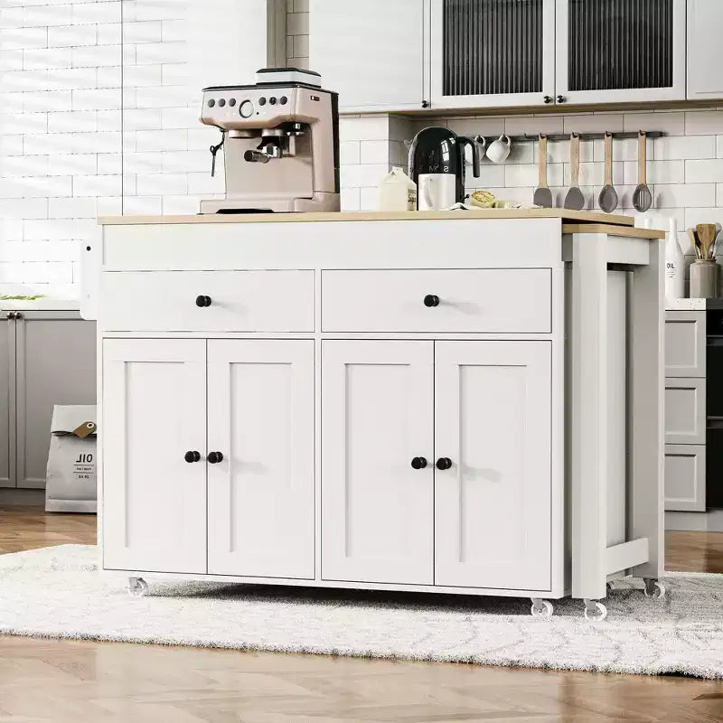 Isola da Cucina Okak con Tavolo Estensibile, Isola da Cucina su Ruote con Portaspezie, 2 Cassetti e 4 Ante, Carrello da Cucina per Sala da Pranzo