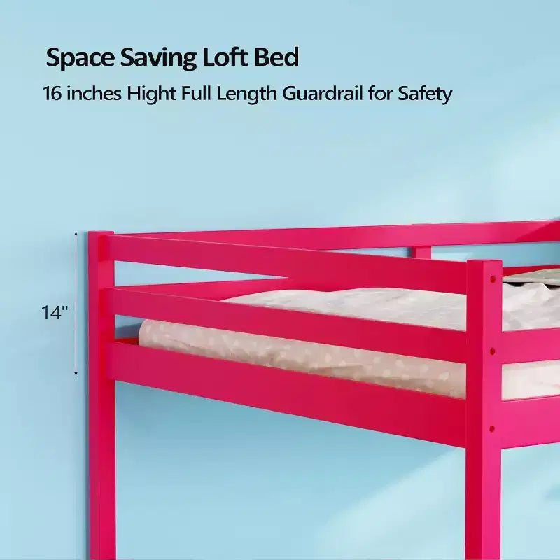 VINGLI Letto a soppalco basso per ragazzi da 119 cm con scale, Struttura letto in legno massello, modello "principessa" singolo, Rosa