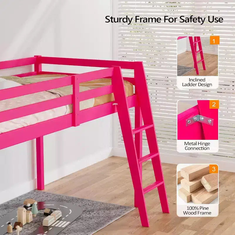 VINGLI Letto a soppalco basso per ragazzi da 119 cm con scale, Struttura letto in legno massello, modello "principessa" singolo, Rosa