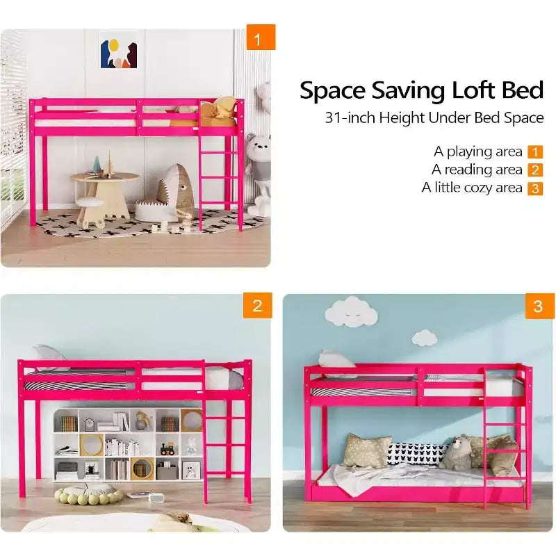 VINGLI Letto a soppalco basso per ragazzi da 119 cm con scale, Struttura letto in legno massello, modello "principessa" singolo, Rosa