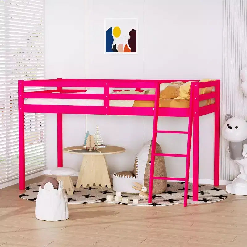 VINGLI Letto a soppalco basso per ragazzi da 119 cm con scale, Struttura letto in legno massello, modello "principessa" singolo, Rosa