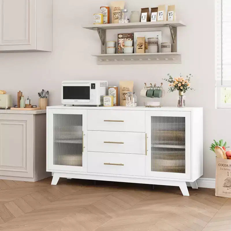 Credenza a Buffet, Mobile da Cucina con 2 Ante Scanalate e 3 Cassetti, Mobile Bar Moderno con Scaffale Regolabile per Soggiorno, Sala da Pranzo