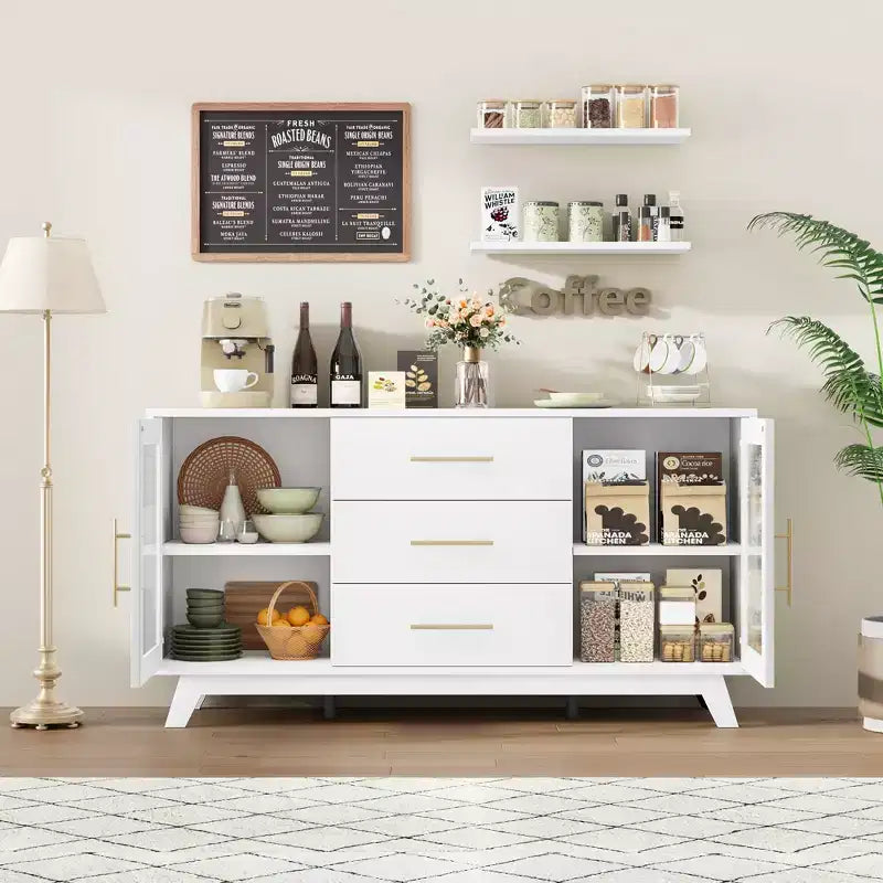 Credenza a Buffet, Mobile da Cucina con 2 Ante Scanalate e 3 Cassetti, Mobile Bar Moderno con Scaffale Regolabile per Soggiorno, Sala da Pranzo