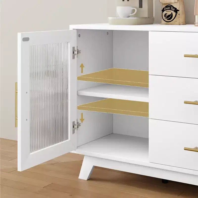 Credenza a Buffet, Mobile da Cucina con 2 Ante Scanalate e 3 Cassetti, Mobile Bar Moderno con Scaffale Regolabile per Soggiorno, Sala da Pranzo