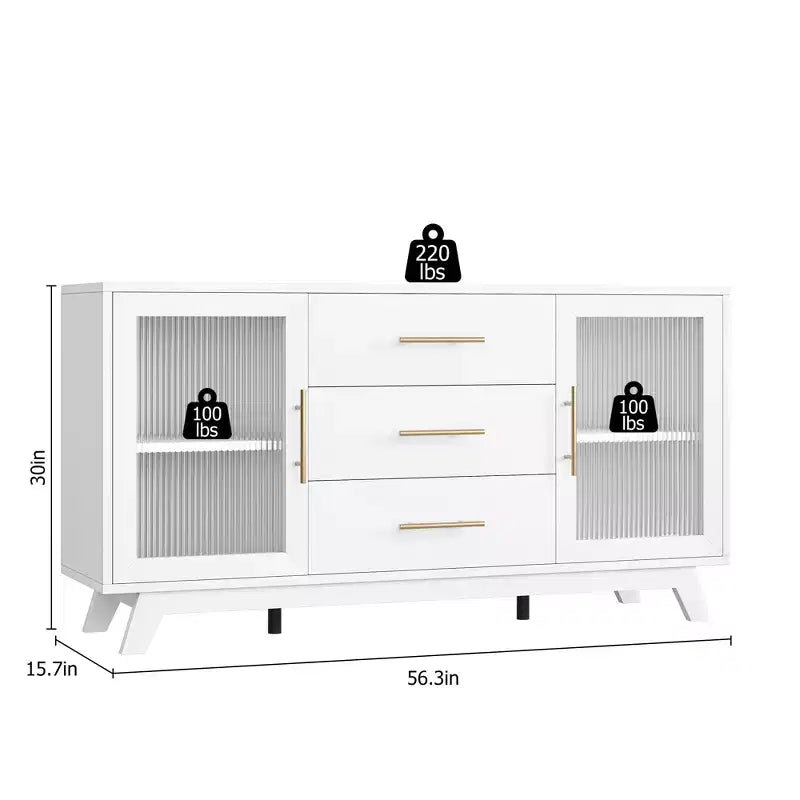 Credenza a Buffet, Mobile da Cucina con 2 Ante Scanalate e 3 Cassetti, Mobile Bar Moderno con Scaffale Regolabile per Soggiorno, Sala da Pranzo