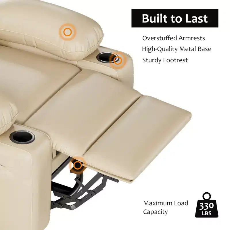 Poltrona reclinabile COZONY con funzione girevole a 360° e dondolo, poltrona relax in pelle PU con portabicchieri per soggiorno