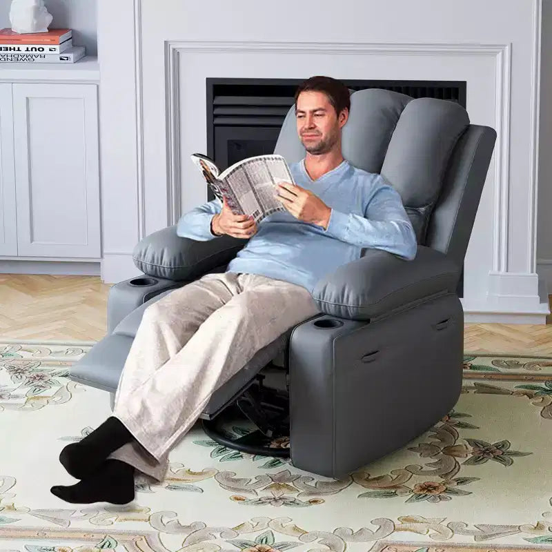 Poltrona reclinabile COZONY con funzione girevole a 360° e dondolo, poltrona relax in pelle PU con portabicchieri per soggiorno