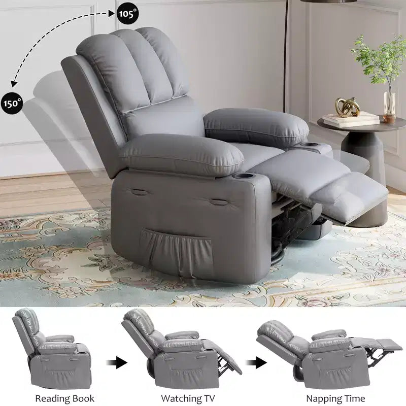 Poltrona reclinabile COZONY con funzione girevole a 360° e dondolo, poltrona relax in pelle PU con portabicchieri per soggiorno
