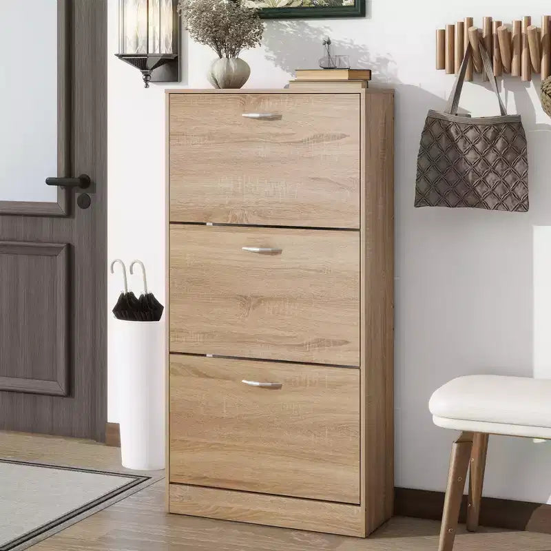 GDFStudio Enzo Modern 24 Wooden Shoe Storage Cabinet with Silver Handles and 3 Flip Drawers