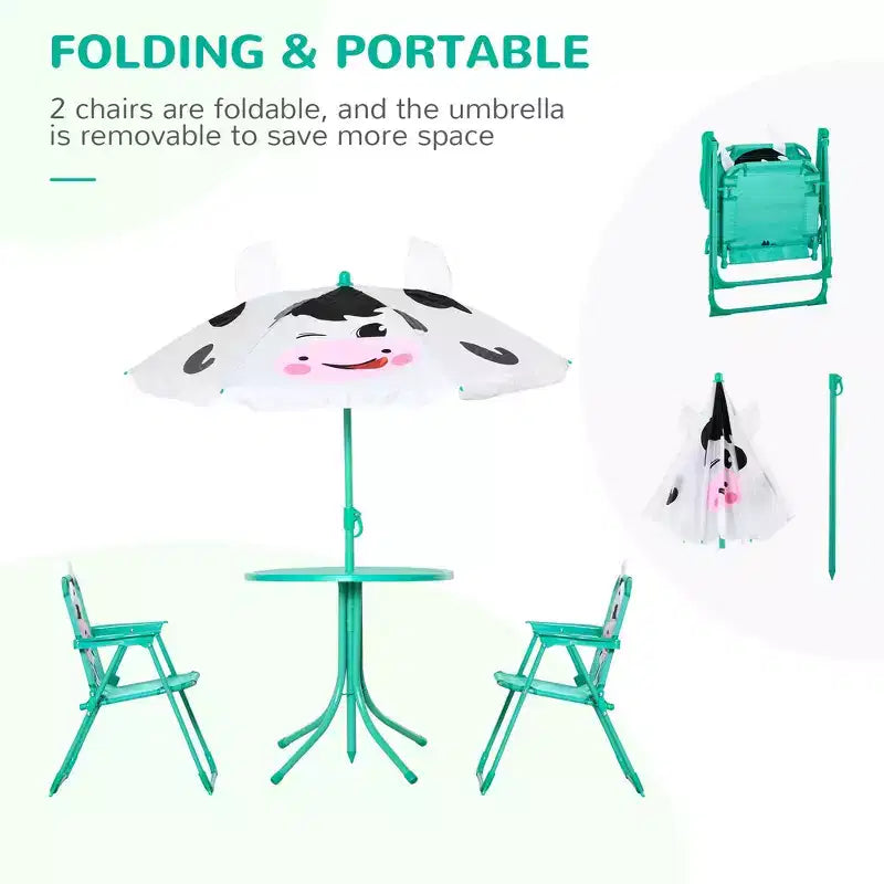 Set Tavolo e Sedie per Bambini Whisen con Motivo Mucca, Ombrellone Parasole Rimovibile e Regolabile in Altezza, Regalo per Bambini - Bianco