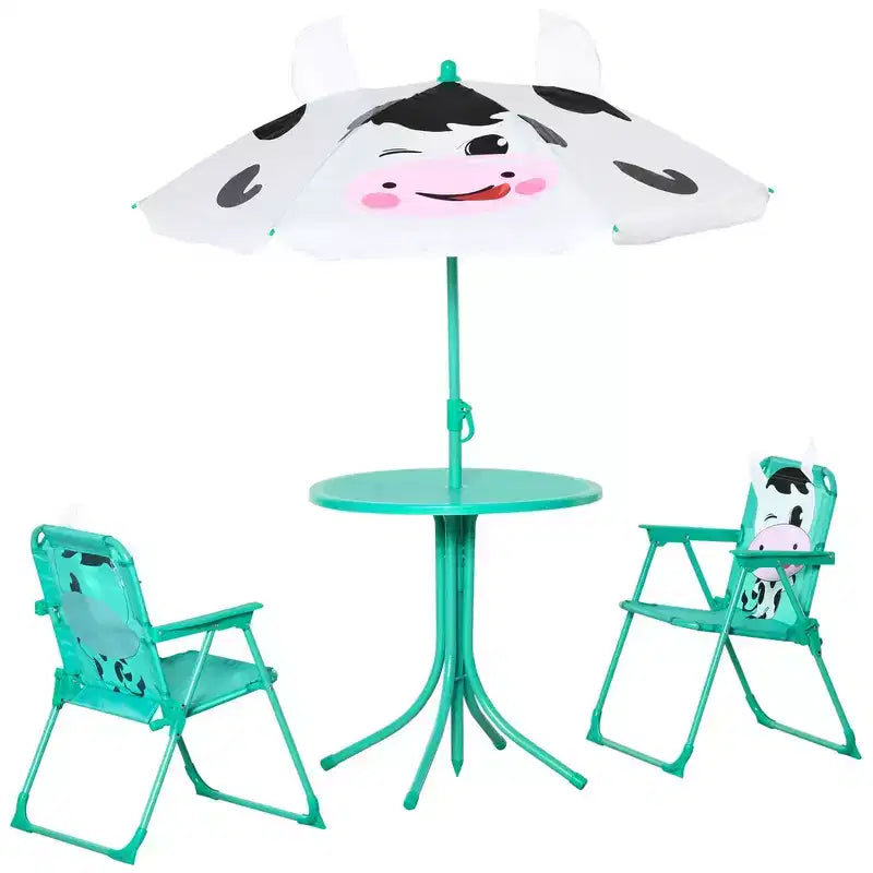 Set Tavolo e Sedie per Bambini Whisen con Motivo Mucca, Ombrellone Parasole Rimovibile e Regolabile in Altezza, Regalo per Bambini - Bianco