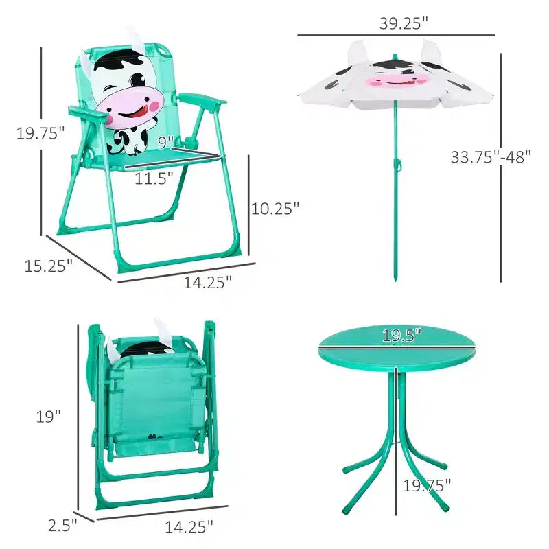 Set Tavolo e Sedie per Bambini Whisen con Motivo Mucca, Ombrellone Parasole Rimovibile e Regolabile in Altezza, Regalo per Bambini - Bianco