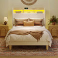 Bestier Queen/King Bed Frame with Tall Headboard Storage, Corduroy Upholstered Queen Size Platform Bed with LED & Charging Station, Off-White