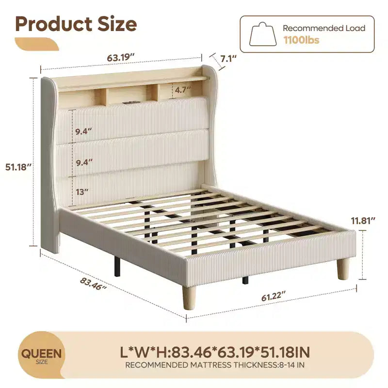 Base letto Bestier Queen/King con testiera alta contenitore, letto a piattaforma Queen size imbottito in velluto a coste con LED e stazione di ricarica, bianco sporco