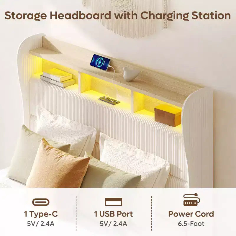 Base letto Bestier Queen/King con testiera alta contenitore, letto a piattaforma Queen size imbottito in velluto a coste con LED e stazione di ricarica, bianco sporco