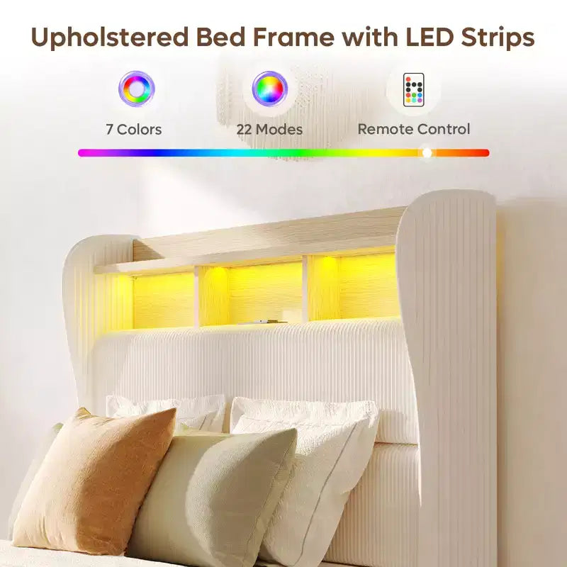 Base letto Bestier Queen/King con testiera alta contenitore, letto a piattaforma Queen size imbottito in velluto a coste con LED e stazione di ricarica, bianco sporco
