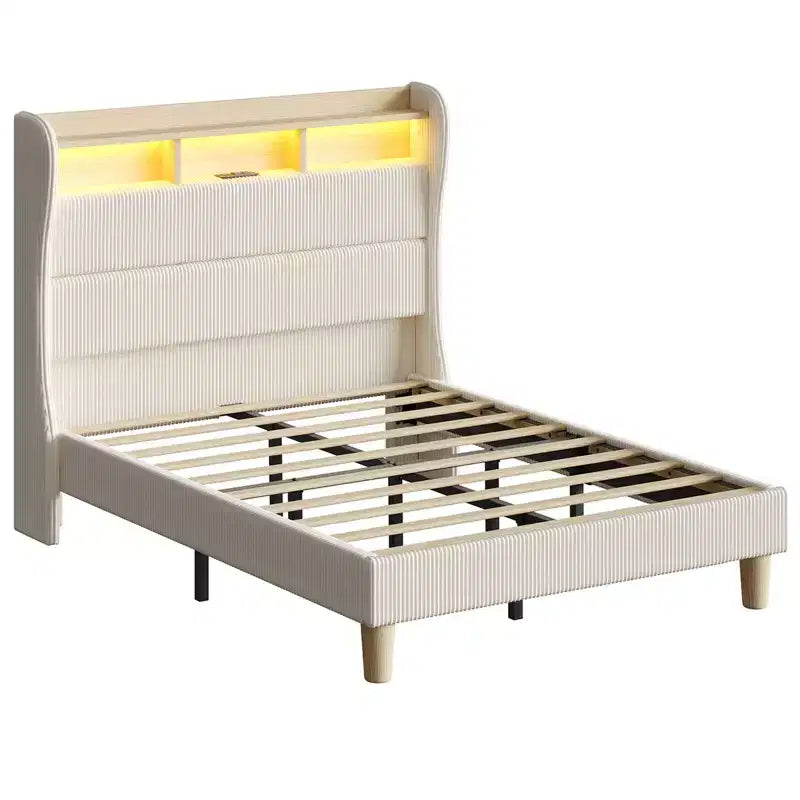 Base letto Bestier Queen/King con testiera alta contenitore, letto a piattaforma Queen size imbottito in velluto a coste con LED e stazione di ricarica, bianco sporco