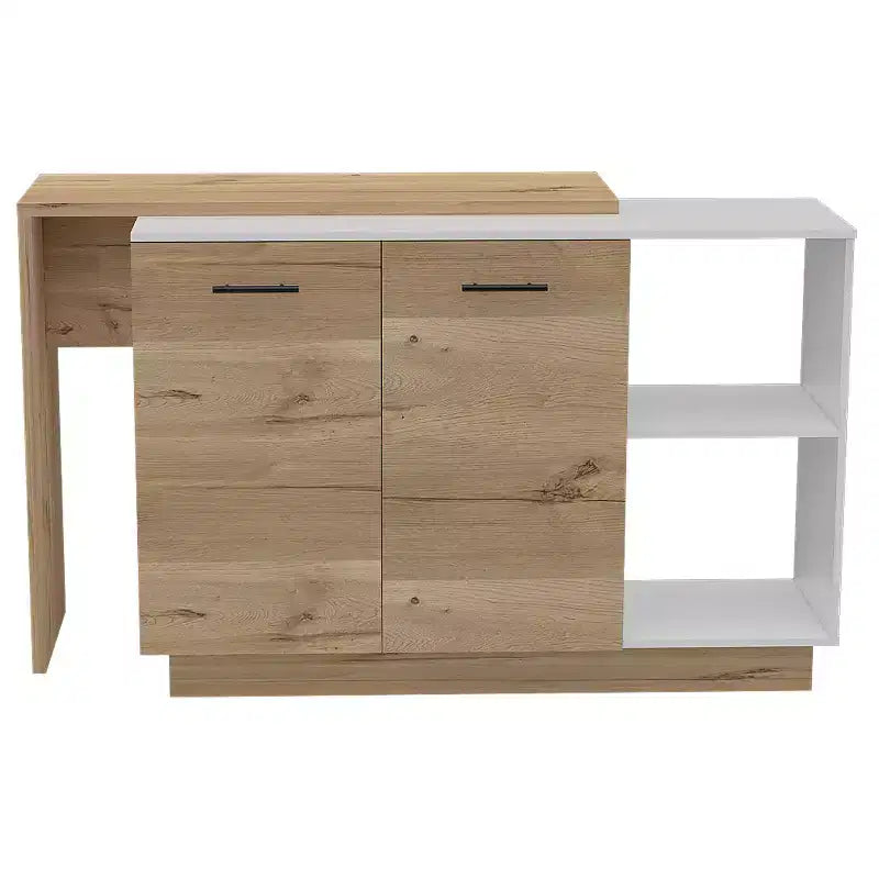 Okak Isola da Cucina Moderna con Design Unico del Piano, Tavolo Isola da Cucina con 2 Ripiani, 1 Cassetto e 3 Scomparti, Organizer da Banco
