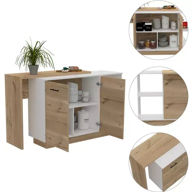 Okak Isola da Cucina Moderna con Design Unico del Piano, Tavolo Isola da Cucina con 2 Ripiani, 1 Cassetto e 3 Scomparti, Organizer da Banco