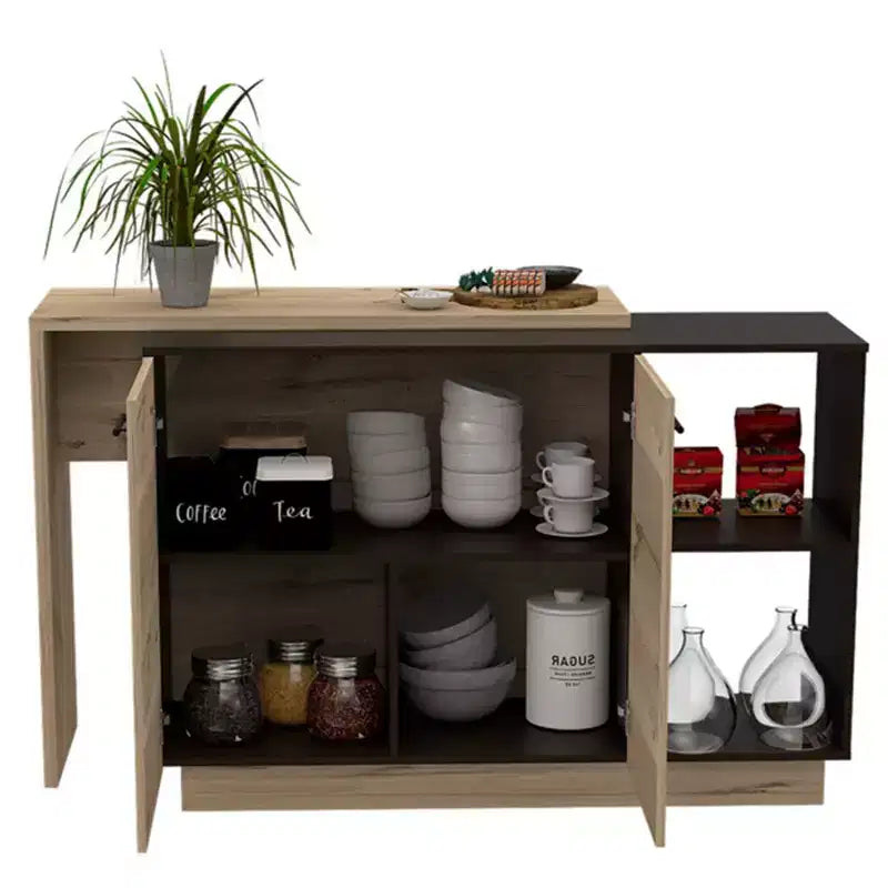 Okak Isola da Cucina Moderna con Design Unico del Piano, Tavolo Isola da Cucina con 2 Ripiani, 1 Cassetto e 3 Scomparti, Organizer da Banco