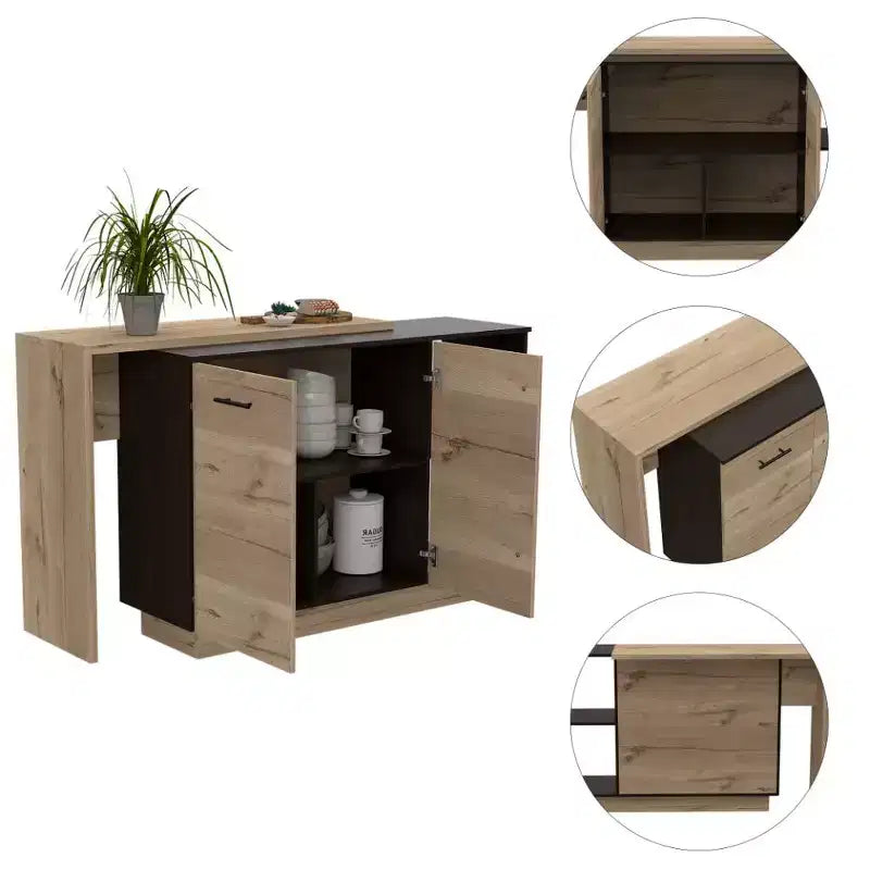 Okak Isola da Cucina Moderna con Design Unico del Piano, Tavolo Isola da Cucina con 2 Ripiani, 1 Cassetto e 3 Scomparti, Organizer da Banco