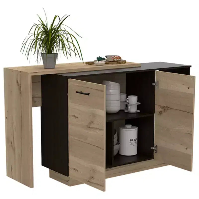 Okak Isola da Cucina Moderna con Design Unico del Piano, Tavolo Isola da Cucina con 2 Ripiani, 1 Cassetto e 3 Scomparti, Organizer da Banco