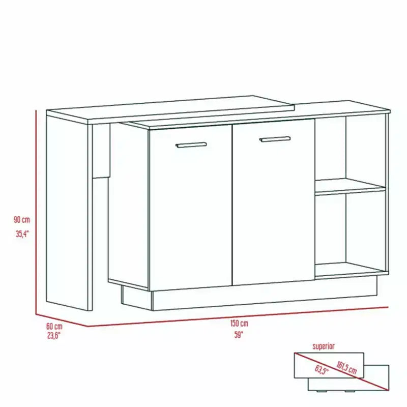 Okak Isola da Cucina Moderna con Design Unico del Piano, Tavolo Isola da Cucina con 2 Ripiani, 1 Cassetto e 3 Scomparti, Organizer da Banco